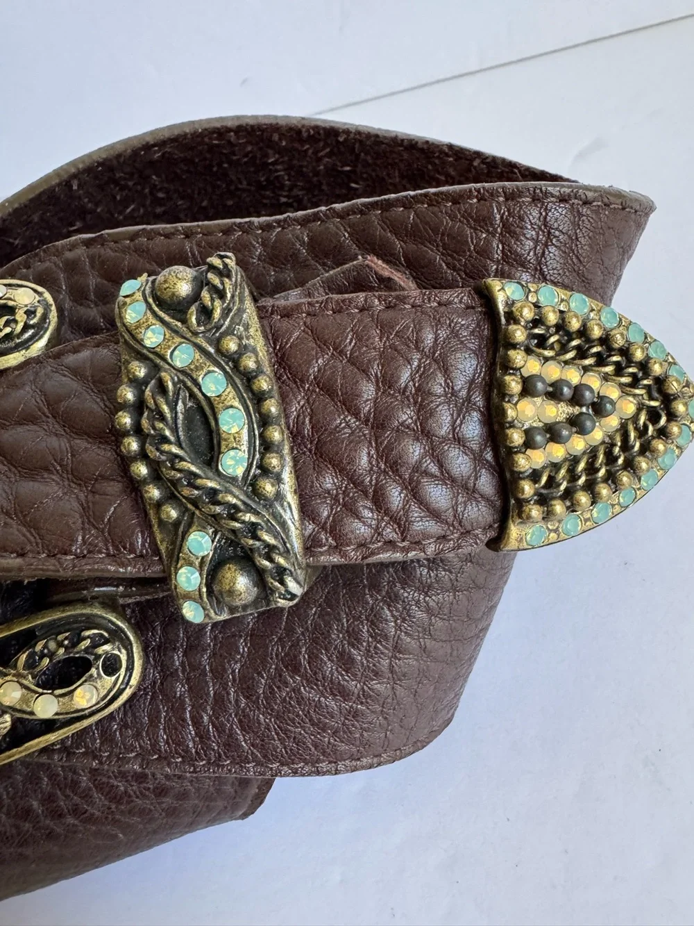 Leatherock Brown Leather Belt Rhinestone Ornate Turquoise Buckle Cowgirl‎ Large